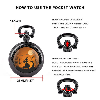 Halloween Witch Glass Dome Black Quartz Pocket Watch with Arabic Numerals Dial and Durable Chain Gift for Men Women