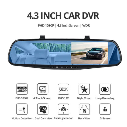 Dashcam 4.3 Inch Mirror FHD 1080P Camera Dual Lens