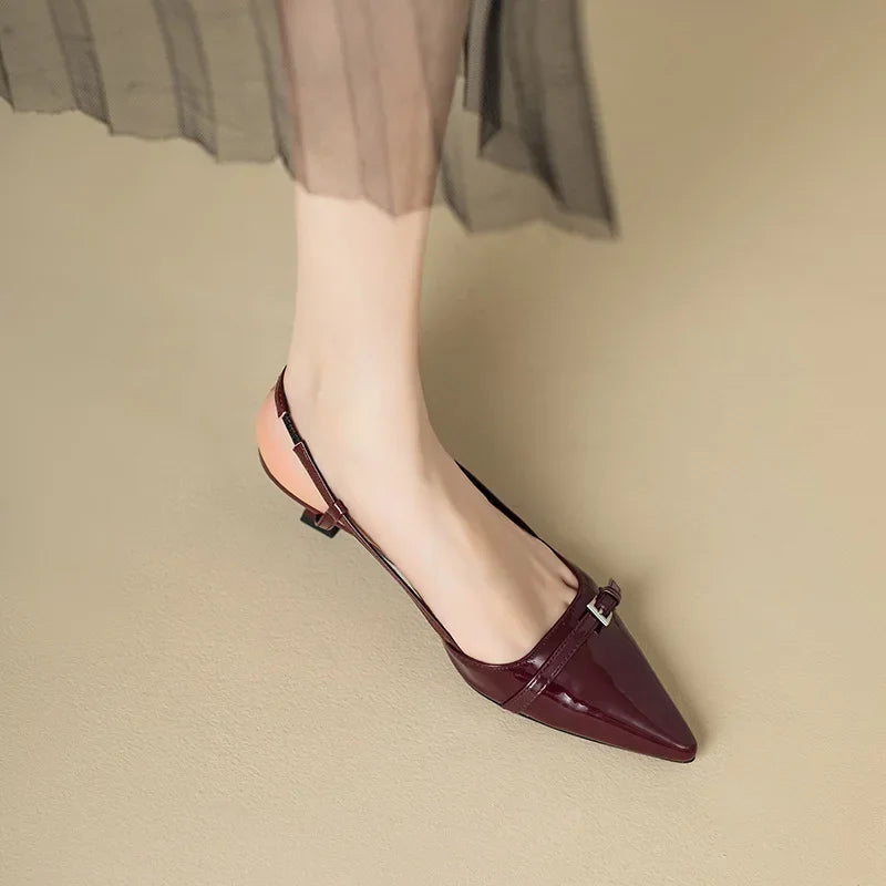 New Summer French Wine Red Pointed Patent Leather Mid-heel