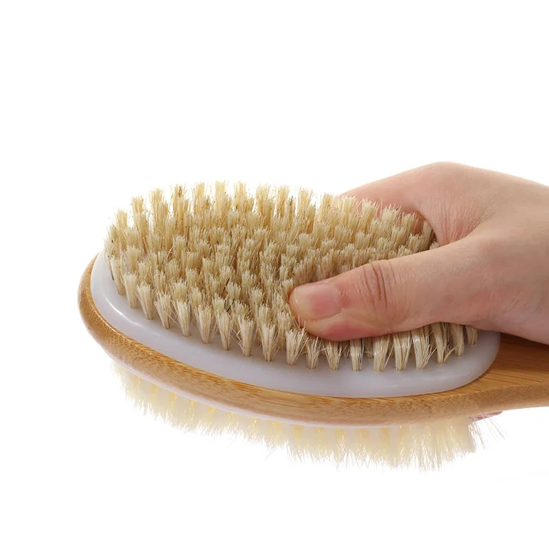 Shower brush with soft and hard bristles, double sided long handle, back scrub body exfoliator