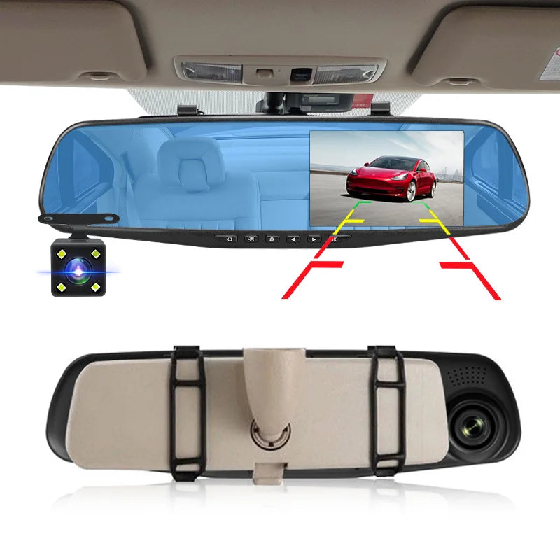 Dashcam 4.3 Inch Mirror FHD 1080P Camera Dual Lens