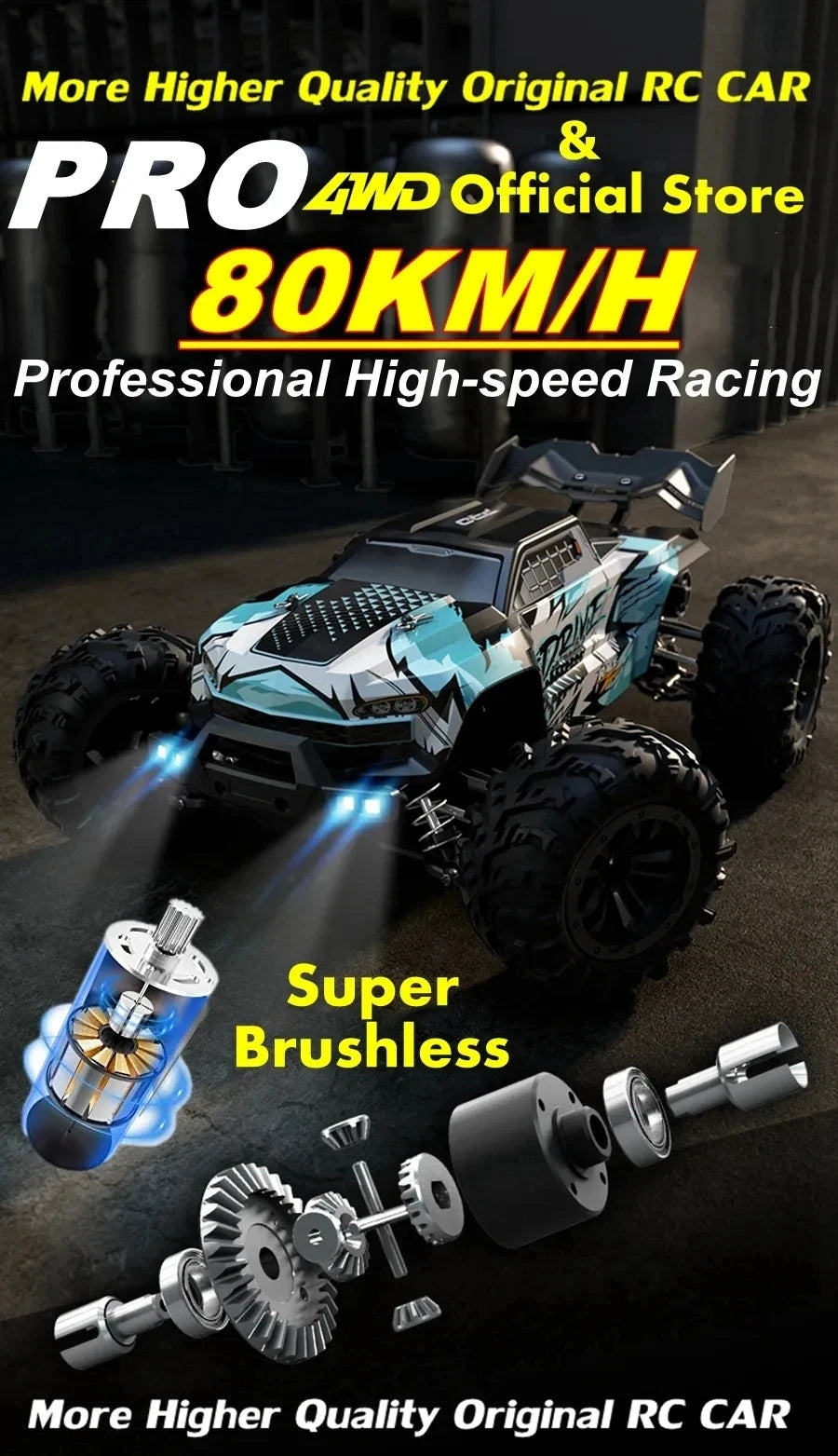 1:16 80km/h Brushless RC Drift Car With LED Lights 4WD Electric High Speed Racing Remote Control Monster Truck for Kids Adults