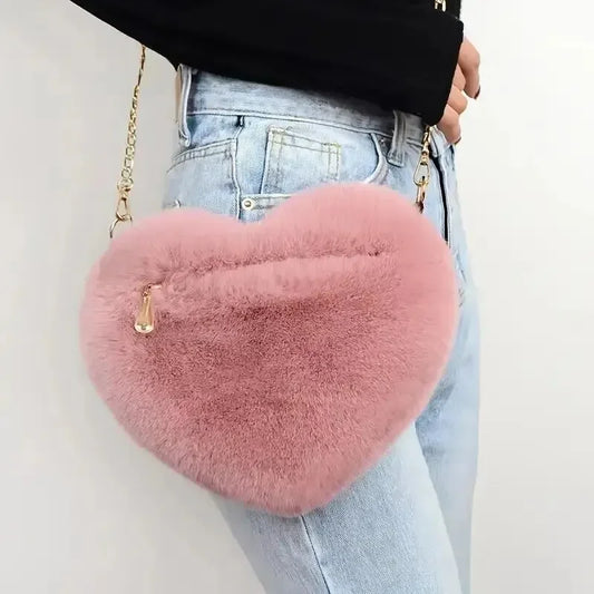 Heart Shaped Fluffy Shoulder Bag Fashion Chain Crossbody Bag