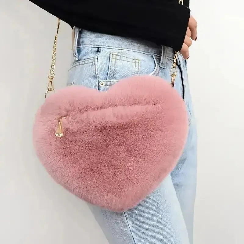 Heart Shaped Fluffy Shoulder Bag Fashion Chain Crossbody Bag