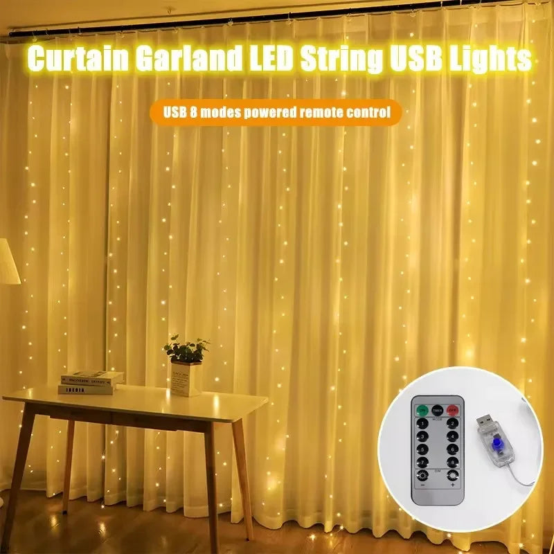 USB Curtain LED String Lights 3/4/6M Remote