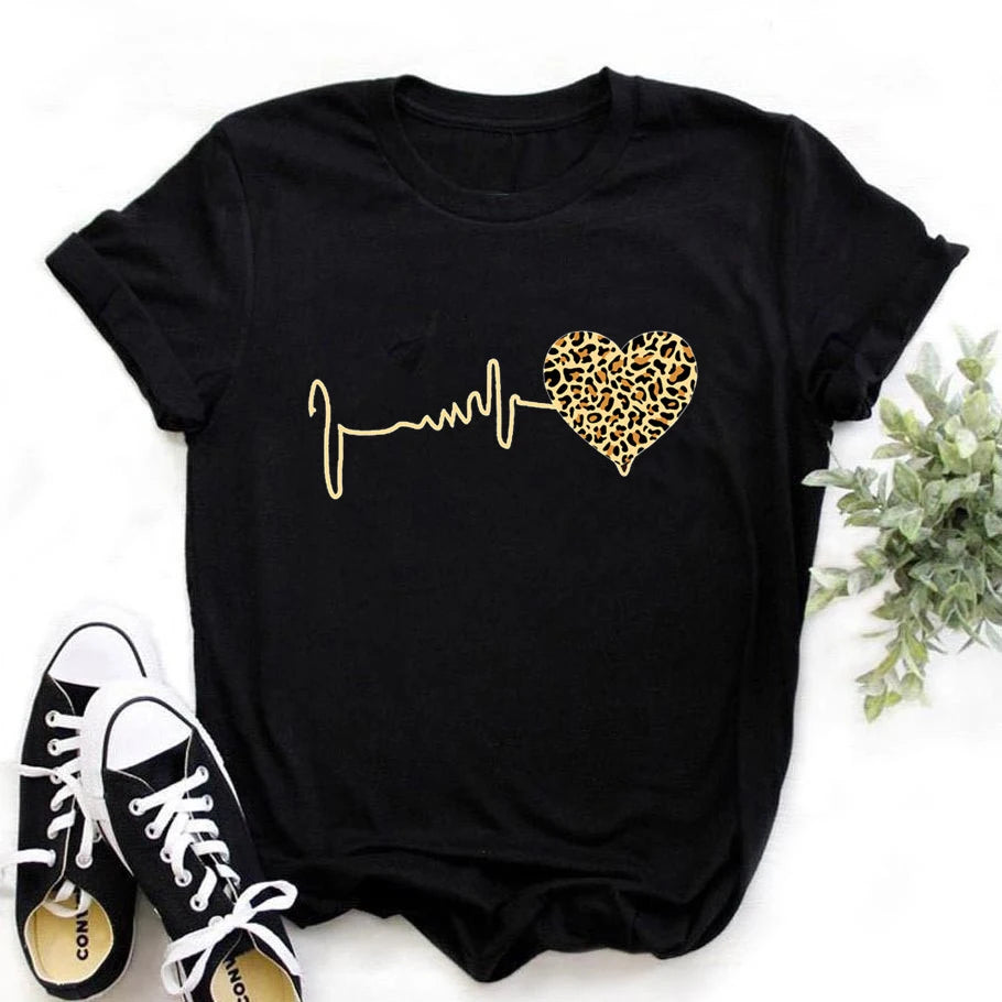 Summer New 90 's Leopard Heartbeat Short Sleeve Print Clothing Women's T-Shirt