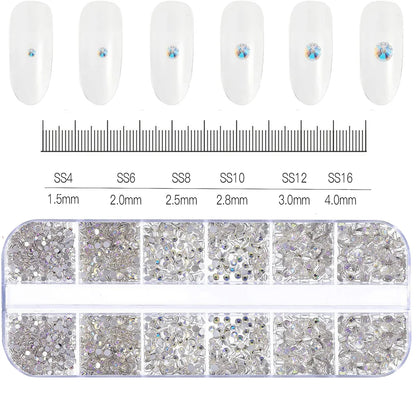 12Grids SS6-SS30 Mixed Nail Rhinestones Shiny Clear/Gold/Pink/Blue Diamond Flat-back Nail Gems Glass Stones Nails Decoration