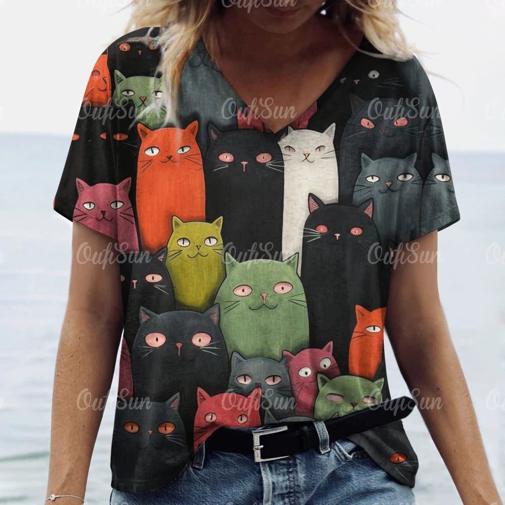 Summer Women's T Shirt Cat Print Casual Short Sleeve 3d T-Shirts