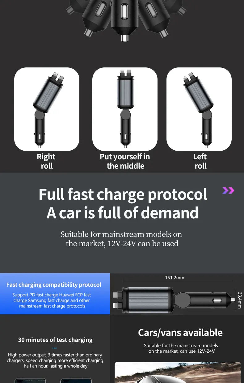 4-in-1 PD30W Car Fast Charger USB Type-C Power Adapter Retractable Phone Charger With Roof Starlight For IOS Android Phones