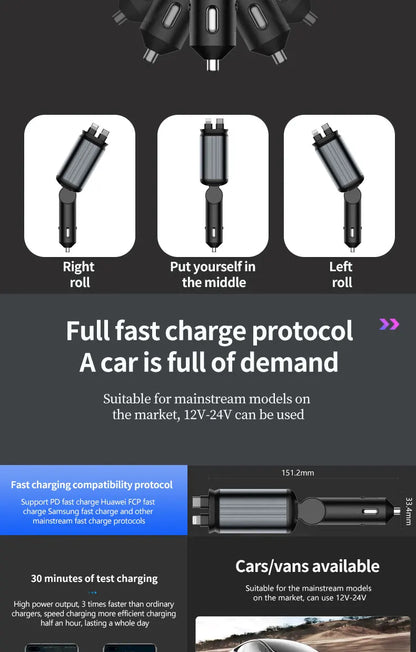 4-in-1 PD30W Car Fast Charger USB Type-C Power Adapter Retractable Phone Charger With Roof Starlight For IOS Android Phones
