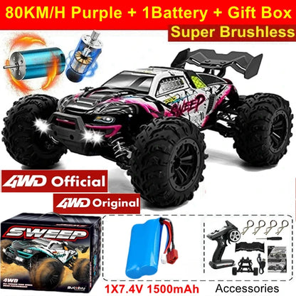 1:16 80km/h Brushless RC Drift Car With LED Lights 4WD Electric High Speed Racing Remote Control Monster Truck for Kids Adults