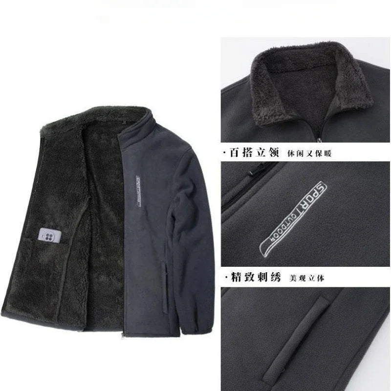 Winter Men Outdoor Fleece Jacket Casual Polar Fleece Cold-Proof Thickened Coat Lightweight Windproof Zipper Cardigan Warm Jacket