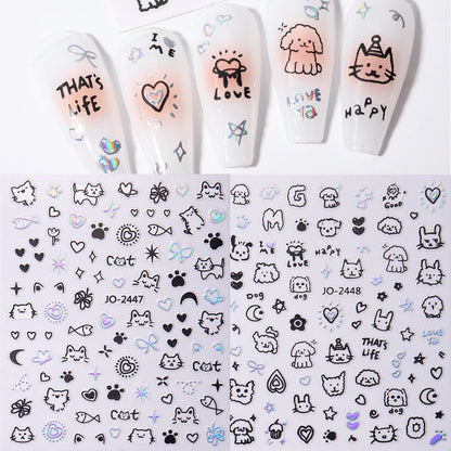 2Pcs Cartoon Cute Cat Nail Childlike Stickers Holographic Love Heart Bronzing Star Sliders Silver Chrome Nail Art Manicure Decor
