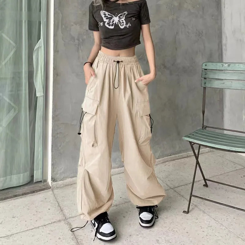 Wide-Leg Large Pockets Drawstring Work Pants High Street Casual Sports Pants