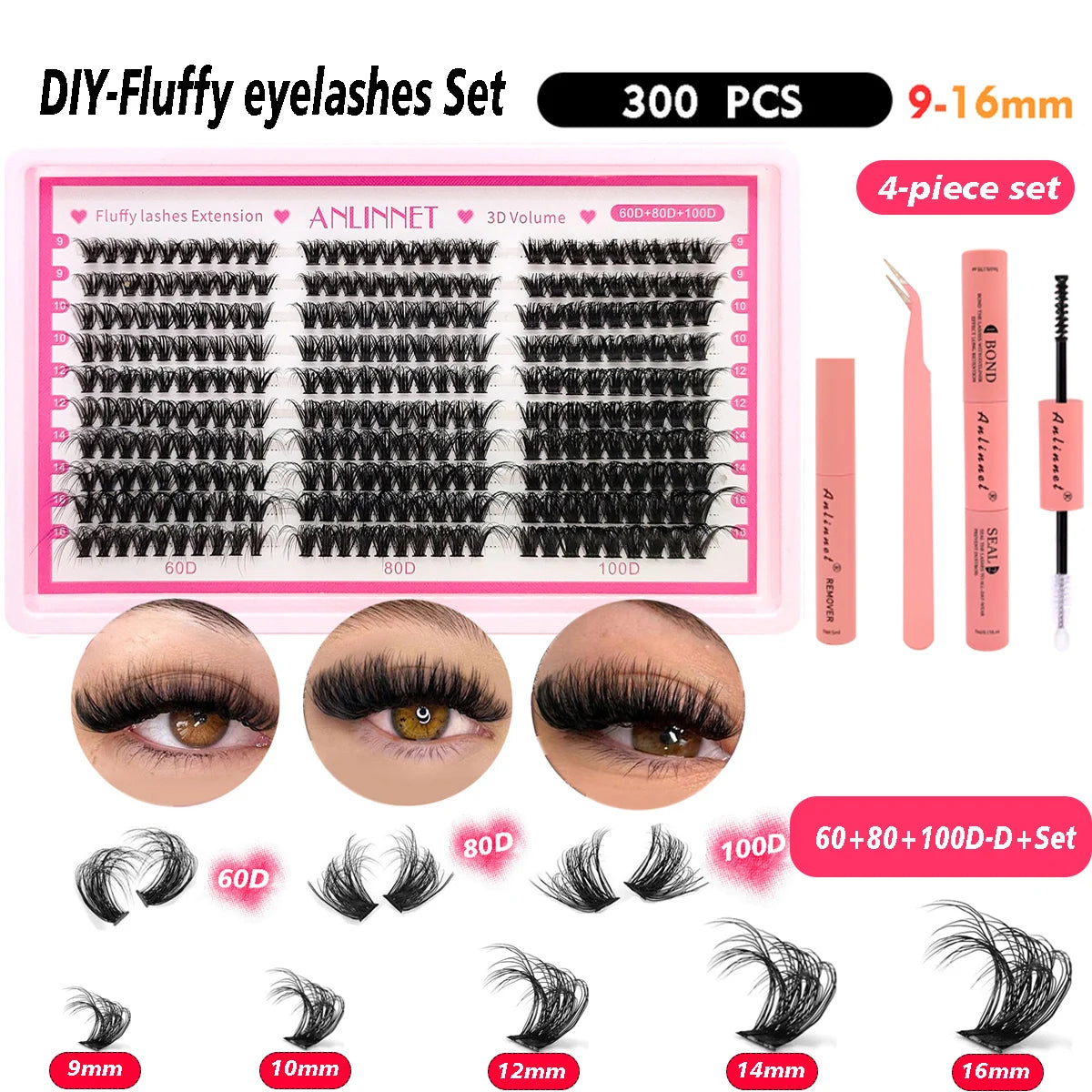 ANLINNET 300 pcs eyelash Cluster Lashes Kit Fluffy Individual Lashes Volume Mixed