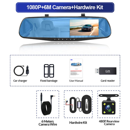 Dashcam 4.3 Inch Mirror FHD 1080P Camera Dual Lens