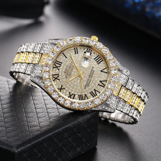 Hot Sale Diamond Bling Watch Men Gold Color Luxury Gift Quartz Watches Male Clock Dropshipping  Rhinestone Calendar Wristwatch