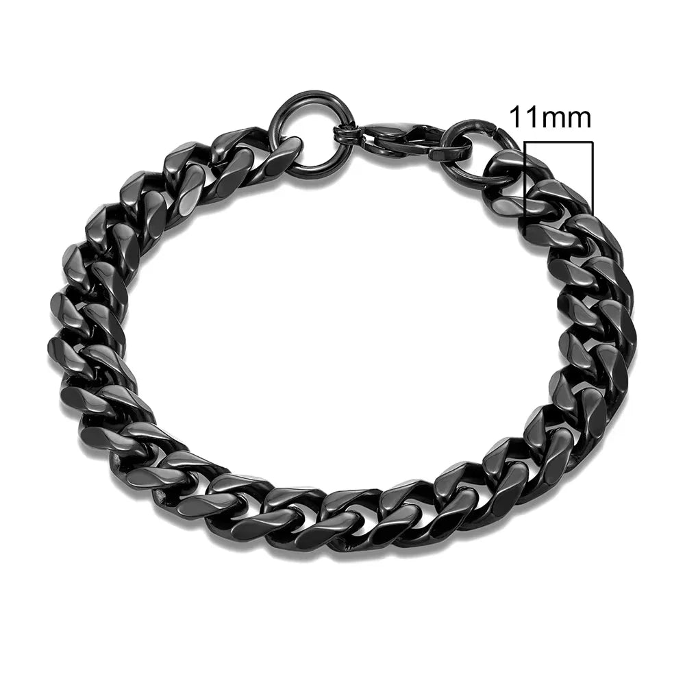 3-11mm Locomotive Men Punk Rock Stainless Steel Curb Cuban Link Chain Silver Color Bracelet For Women Biker Jewelry