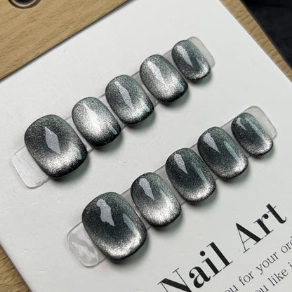 Handmade Cat-eye Press on Nails Short False Nails Full Cover Stick on Nail Tips Artificial Reusable Fake Nails for Women
