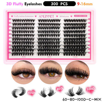 ANLINNET 300 pcs eyelash Cluster Lashes Kit Fluffy Individual Lashes Volume Mixed