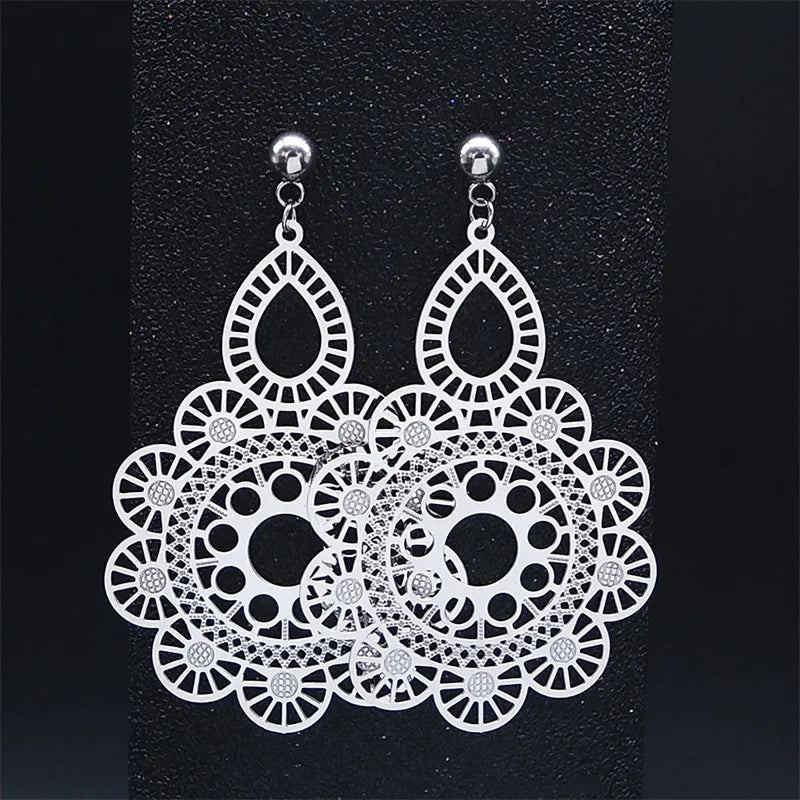 Fashion Bohemia Stainless Steel Big Long Flower Earring Women