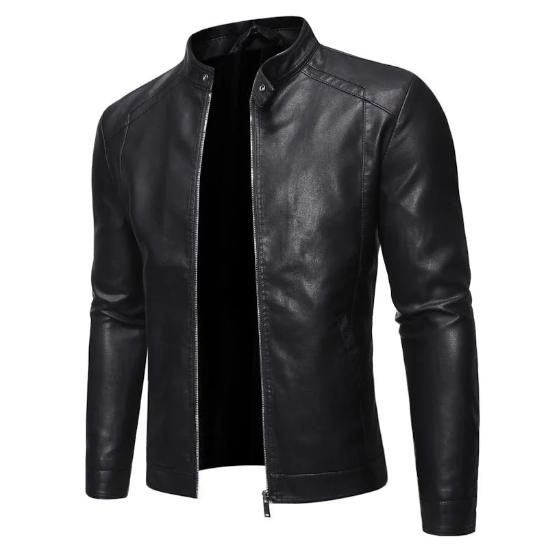 Men's standing collar leather jacket autumn