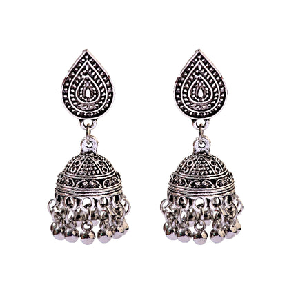 Indian Women's Silver Color Beads Tassel Jhumka Earrings