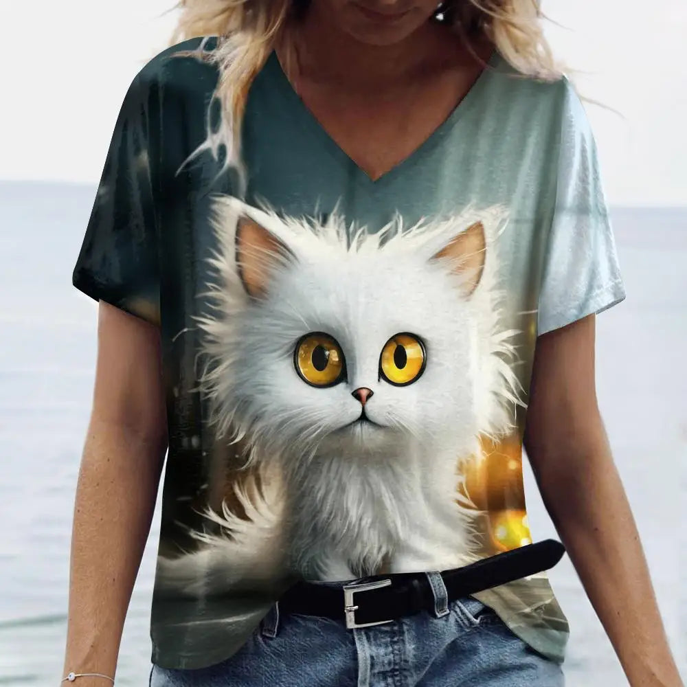 Summer Women's T Shirt Cat Print Casual Short Sleeve 3d T-Shirts