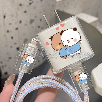 Bubu Dudu Couple Baby Bear Panda Protection Case for IPhone 15 14 13 Pro Max 18/20W Charger&Charging Protector Data Wire Winder