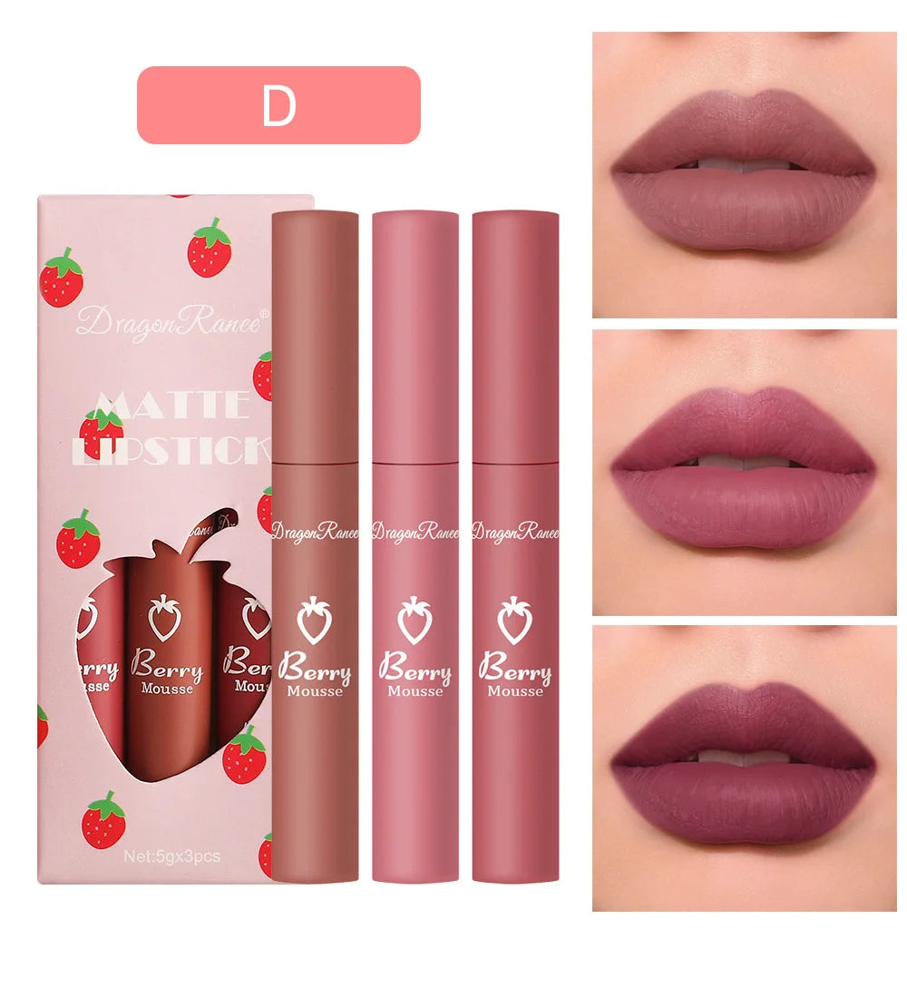 3 pcs Strawberry Lip Glaze Set Velvet Matte Liquid Lipstick Lipstick Non stick Cup