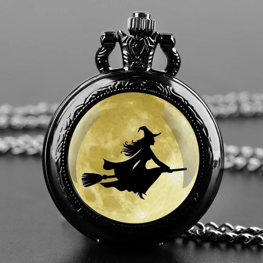 A Witch on A Broomstick Glass Dome Quartz Pocket Watch With Durable Chain Arabic Numeral Dial Halloween Gifts for Men Women Kids