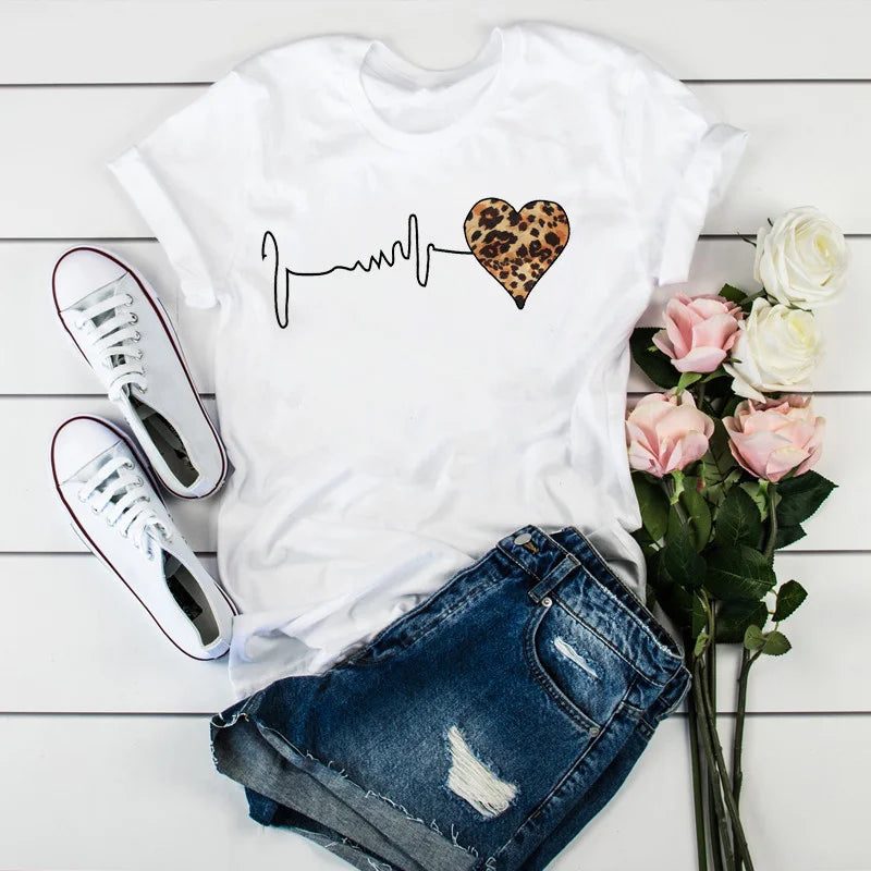 Summer New 90 's Leopard Heartbeat Short Sleeve Print Clothing Women's T-Shirt