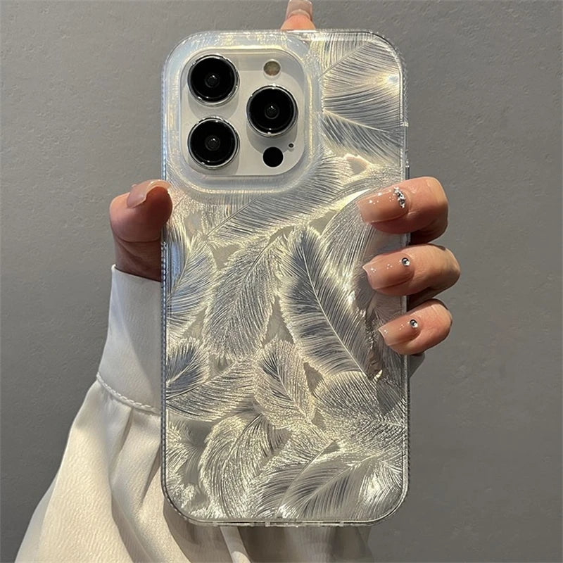 Fashion Laser Gradient Feather Pattern Phone Case For iPhone 11 15 14 13 12 Pro Max 15Pro 14Pro Shockproof Silicone Cover Funda