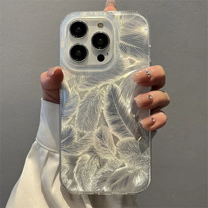 Fashion Laser Gradient Feather Pattern Phone Case For iPhone 11 15 14 13 12 Pro Max 15Pro 14Pro Shockproof Silicone Cover Funda