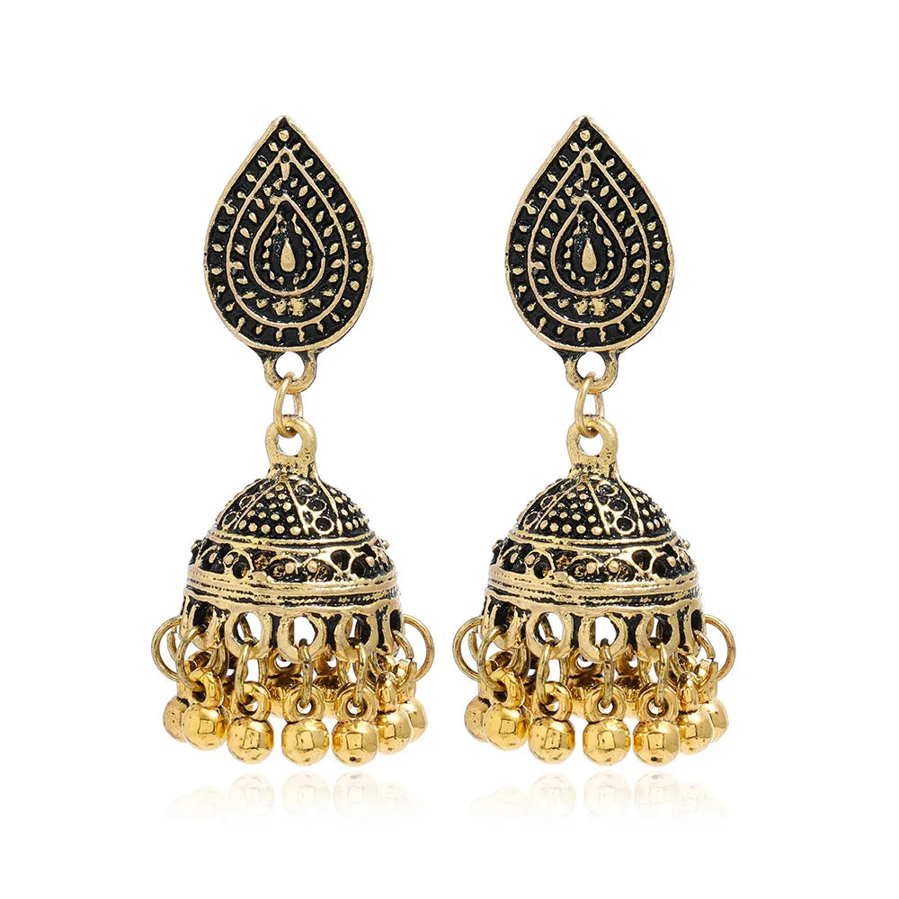 New Fashion Ethnic Style Alloy Retro Carved Beads Tassels Earrings Indian Jhumka