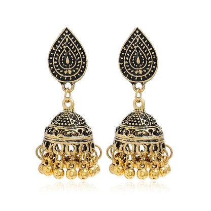 New Fashion Ethnic Style Alloy Retro Carved Beads Tassels Earrings Indian Jhumka