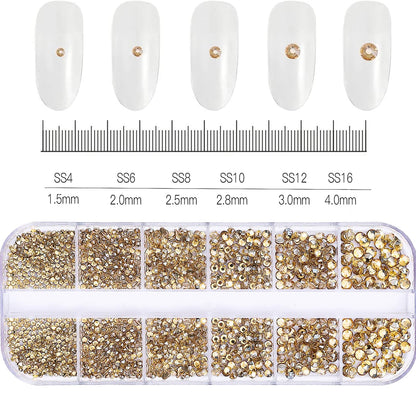 12Grids SS6-SS30 Mixed Nail Rhinestones Shiny Clear/Gold/Pink/Blue Diamond Flat-back Nail Gems Glass Stones Nails Decoration
