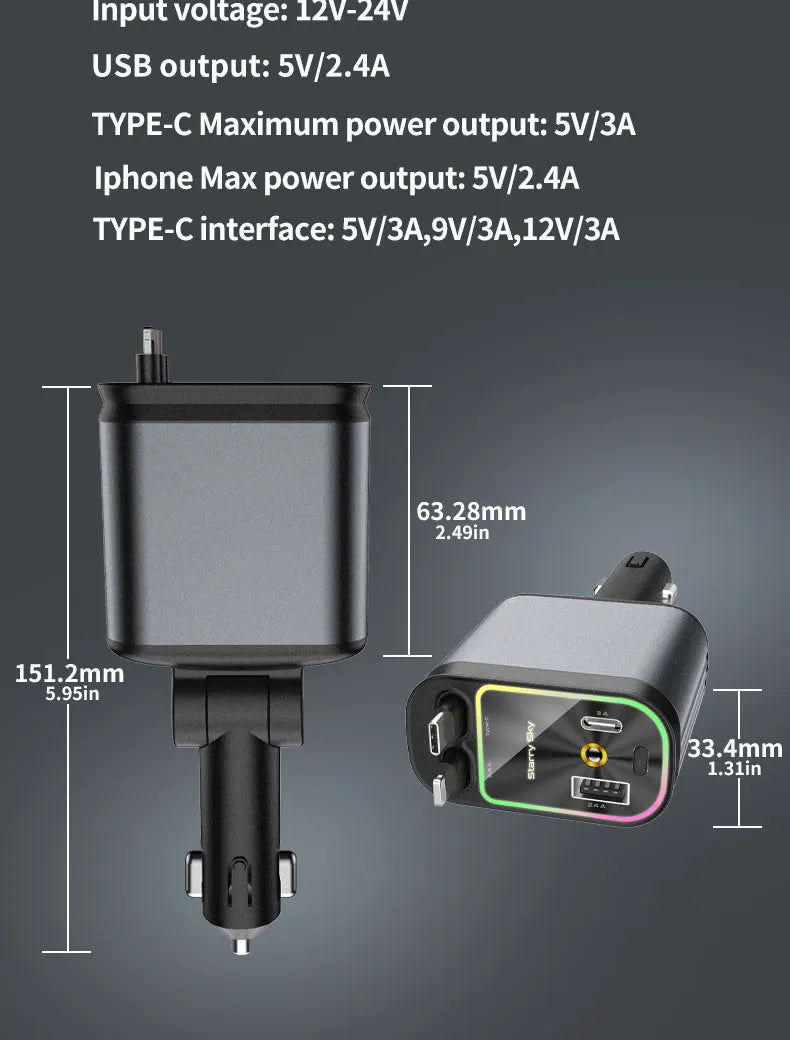 4-in-1 PD30W Car Fast Charger USB Type-C Power Adapter Retractable Phone Charger With Roof Starlight For IOS Android Phones