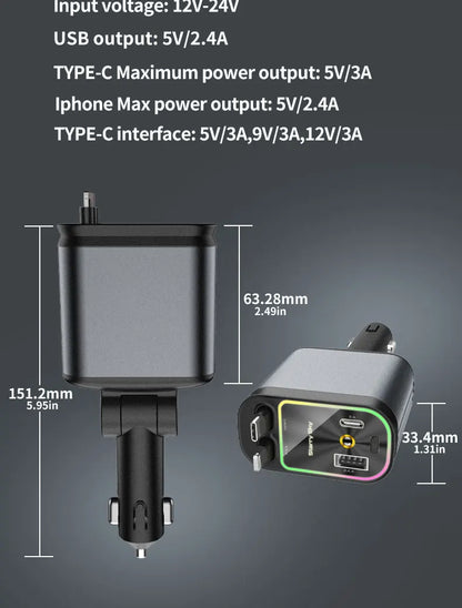 4-in-1 PD30W Car Fast Charger USB Type-C Power Adapter Retractable Phone Charger With Roof Starlight For IOS Android Phones