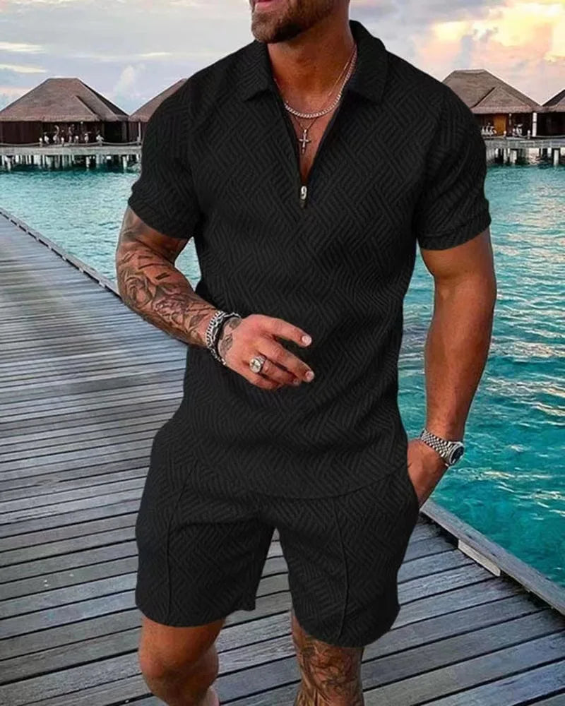 2022 New Summer Men's Shorts Set Short Sleeve Zip Polo Shirt Street