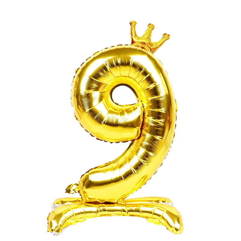 32 Inch Gold Number Stand Foil Balloons with Crown Digital Figures Globos 0-9 Birthday Party