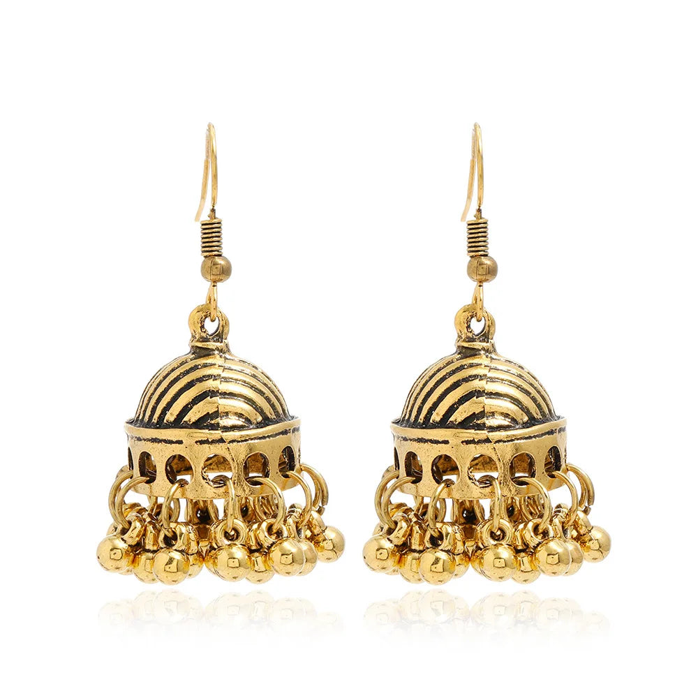 New Fashion Ethnic Style Alloy Retro Carved Beads Tassels Earrings Indian Jhumka