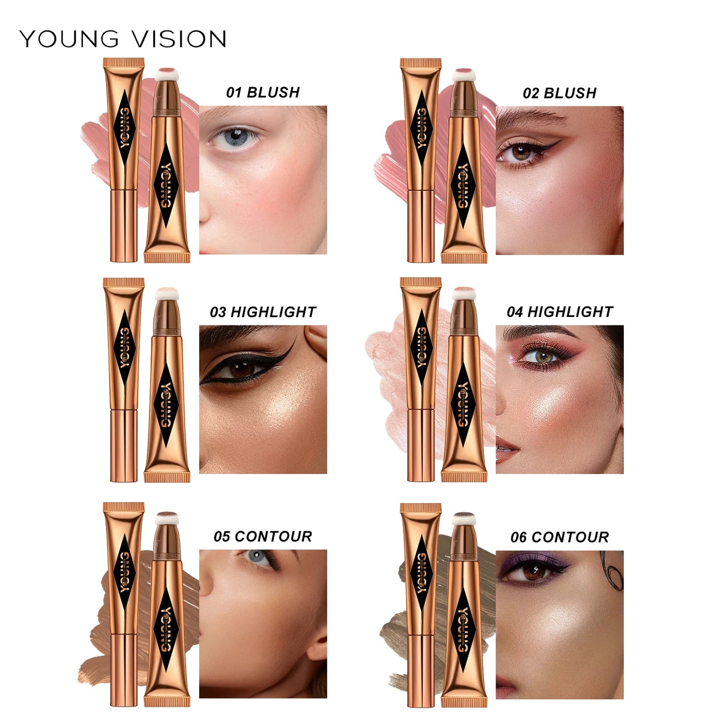 YOUNG VISION air cushion, powder blusher, high gloss stick, makeup liquid, rouge, 6 colors optional