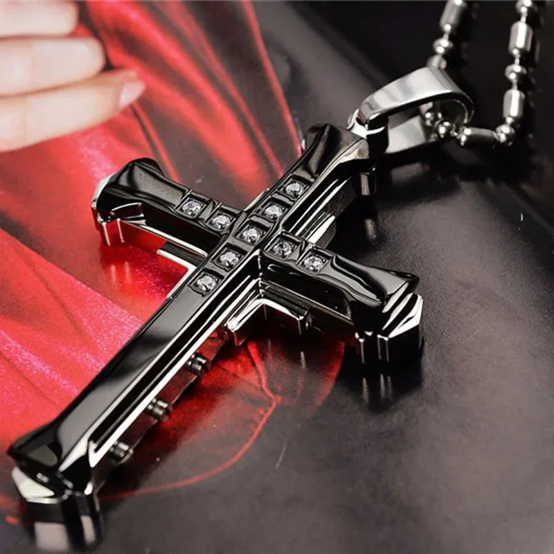 2025 New Male Crystal Cross Jesus Pendant Gold/Black/Blue Color Zirconia Cross Pendant Necklace Stainless Steel Jewelry