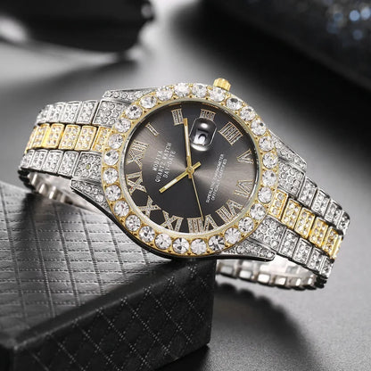 Hot Sale Diamond Bling Watch Men Gold Color Luxury Gift Quartz Watches Male Clock Dropshipping  Rhinestone Calendar Wristwatch