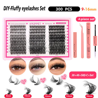 ANLINNET 300 pcs eyelash Cluster Lashes Kit Fluffy Individual Lashes Volume Mixed