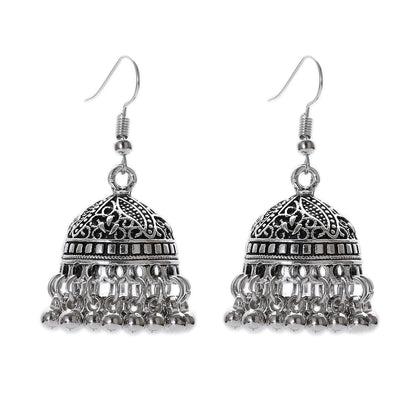 Indian Women's Silver Color Beads Tassel Jhumka Earrings