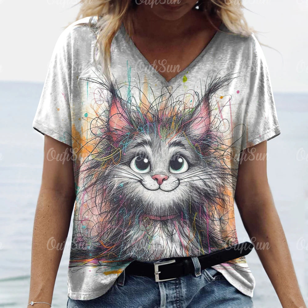 Summer Women's T Shirt Cat Print Casual Short Sleeve 3d T-Shirts