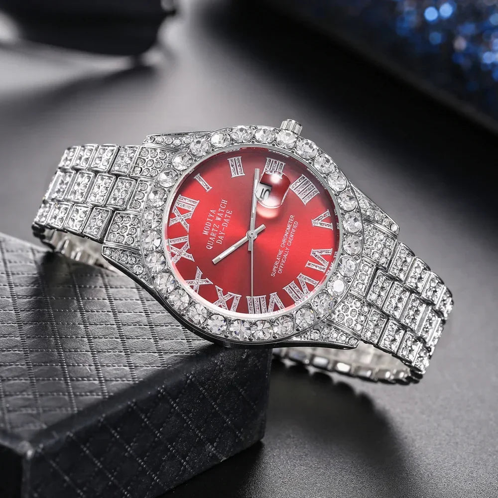 Hot Sale Diamond Bling Watch Men Gold Color Luxury Gift Quartz Watches Male Clock Dropshipping  Rhinestone Calendar Wristwatch