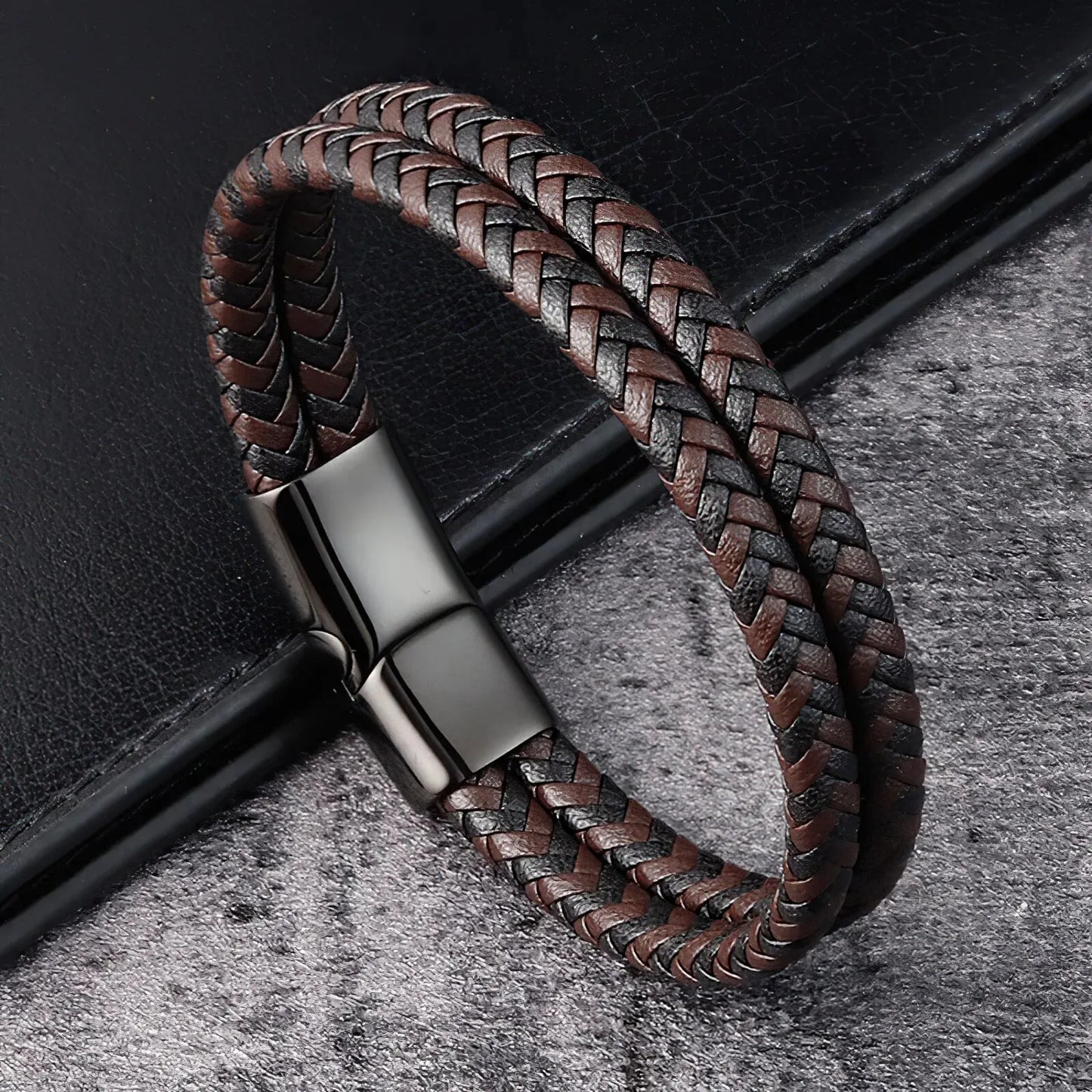 Men Black Blue Braided Genuine Leather Bracelet Double Band Bangle